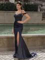 Splendiferous Sheath Cold Shoulder Sequin Court Train Silk like Satin Corset Prom Dress