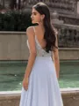 Extravagant A-line V-Neck Appliques Lace Sweep Train Chiffon Corset Prom Dress