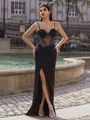 Fashion-forward Sheath Spaghetti Straps Sequin Sweep Train Stretch Crepe Corset Prom Dress