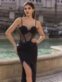 Fashion-forward Sheath Spaghetti Straps Sequin Sweep Train Stretch Crepe Corset Prom Dress
