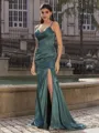 Unique Sheath V-Neck Pleated Sweep Train Silk Like Satin Prom Dress