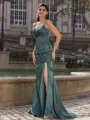 Unique Sheath V-Neck Pleated Sweep Train Silk Like Satin Prom Dress