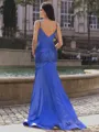Stunning Sheath Spaghetti Straps Pleated Sweep Train Silk Like Satin Corset Prom Dress