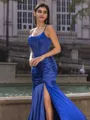 Stunning Sheath Spaghetti Straps Pleated Sweep Train Silk Like Satin Corset Prom Dress