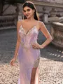 classy Sheath V-Neck Rhinestone Court Train Corset Prom Dress