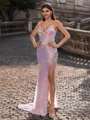 classy Sheath V-Neck Rhinestone Court Train Corset Prom Dress