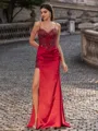 Hermosos Sheath Spaghetti Straps Appliques Lace Sweep Train Silk like Satin Corset Prom Dress