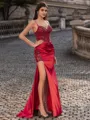 Hermosos Sheath Spaghetti Straps Appliques Lace Sweep Train Silk like Satin Corset Prom Dress