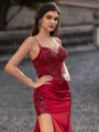 Hermosos Sheath Spaghetti Straps Appliques Lace Sweep Train Silk like Satin Corset Prom Dress
