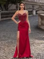 Hermosos Sheath Spaghetti Straps Appliques Lace Sweep Train Silk like Satin Corset Prom Dress
