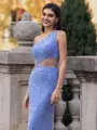 Trendy Sheath One-Shoulder Sweep Train Velvet Sequins Prom Dress