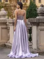 Unique A-line Spaghetti Straps Rhinestone Sweep Train Silk like Satin Corset Prom Dress