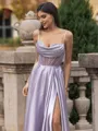 Unique A-line Spaghetti Straps Rhinestone Sweep Train Silk like Satin Corset Prom Dress