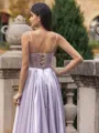 Unique A-line Spaghetti Straps Rhinestone Sweep Train Silk like Satin Corset Prom Dress