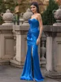 Pretty Sheath Straight Pleated Sweep Train Silk like Satin Corset Prom Dress