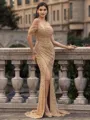 Glamorous Sheath off-the-Shoulder Pleated Court Train Prom Dress