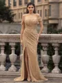 Glamorous Sheath off-the-Shoulder Pleated Court Train Prom Dress