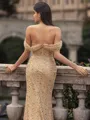 Glamorous Sheath off-the-Shoulder Pleated Court Train Prom Dress