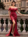 Glamorous Sheath off-the-Shoulder Pleated Court Train Prom Dress