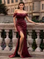 Glamorous Sheath off-the-Shoulder Pleated Court Train Prom Dress