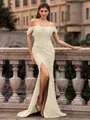 Glamorous Sheath off-the-Shoulder Pleated Court Train Prom Dress