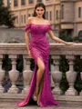 Glamorous Sheath off-the-Shoulder Pleated Court Train Prom Dress
