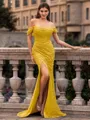 Glamorous Sheath off-the-Shoulder Pleated Court Train Prom Dress