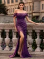 Glamorous Sheath off-the-Shoulder Pleated Court Train Prom Dress