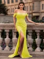 Glamorous Sheath off-the-Shoulder Pleated Court Train Prom Dress