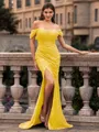Glamorous Sheath off-the-Shoulder Pleated Court Train Prom Dress