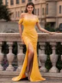 Glamorous Sheath off-the-Shoulder Pleated Court Train Prom Dress