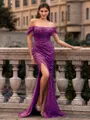 Glamorous Sheath off-the-Shoulder Pleated Court Train Prom Dress