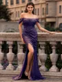 Glamorous Sheath off-the-Shoulder Pleated Court Train Prom Dress