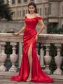 Opulent Sheath Off-the-Shoulder Pleated Sweep Train Silk Like Satin Corset Prom Dress