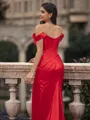 Opulent Sheath Off-the-Shoulder Pleated Sweep Train Silk Like Satin Corset Prom Dress