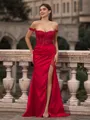 Splendid Sheath Off-the-Shoulder Appliques Lace Sweep Train Silk like Satin Corset Prom Dress