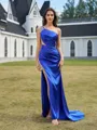 Sophisticated Sheath One-Shoulder Rhinestone Sweep Train Silk like Satin Prom Dress