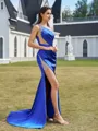Sophisticated Sheath One-Shoulder Rhinestone Sweep Train Silk like Satin Prom Dress