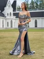 Graceful Sheath Off-the-Shoulder Beading Sweep Train Metallic Satin Corset Prom Dress