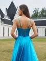 Chic A-line Spaghetti Straps Pleated Sweep Train Corset Prom Dress
