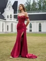 Flattering Sheath Off-the-Shoulder Appliques Lace Sweep Train Silk like Satin Corset Prom Dress
