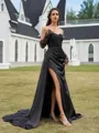 Timeless Sheath Sweetheart Long Sleeves Appliques Lace Court Train Silk Like Satin Prom Dress