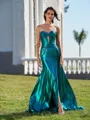 Glamorous Sheath Sweetheart Pleated Court Train Metallic Satin Corset Prom Dress