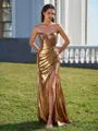 Understated Sheath Sweetheart Pleated Sweep Train Metallic Satin Corset Prom Dress