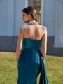 Stunning Sheath High Neck Long Sleeves Rhinestone Sweep Train Silk Like Satin Prom Dress
