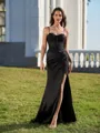 Modest Sheath Spaghetti Straps Appliques Lace Sweep Train Silk Like Satin Corset Prom Dress