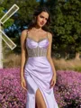 Immaculate Sheath Spaghetti Straps Beading Sweep Train Silk Like Satin Corset Prom Dress