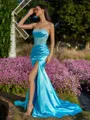Charming Sheath Straight Appliques Lace Sweep Train Silk Like Satin Corset Prom Dress