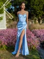 Rhythmic Sheath Spaghetti Straps Rhinestone Sweep Train Silk like Satin Corset Prom Dress