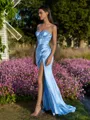 Rhythmic Sheath Spaghetti Straps Rhinestone Sweep Train Silk like Satin Corset Prom Dress